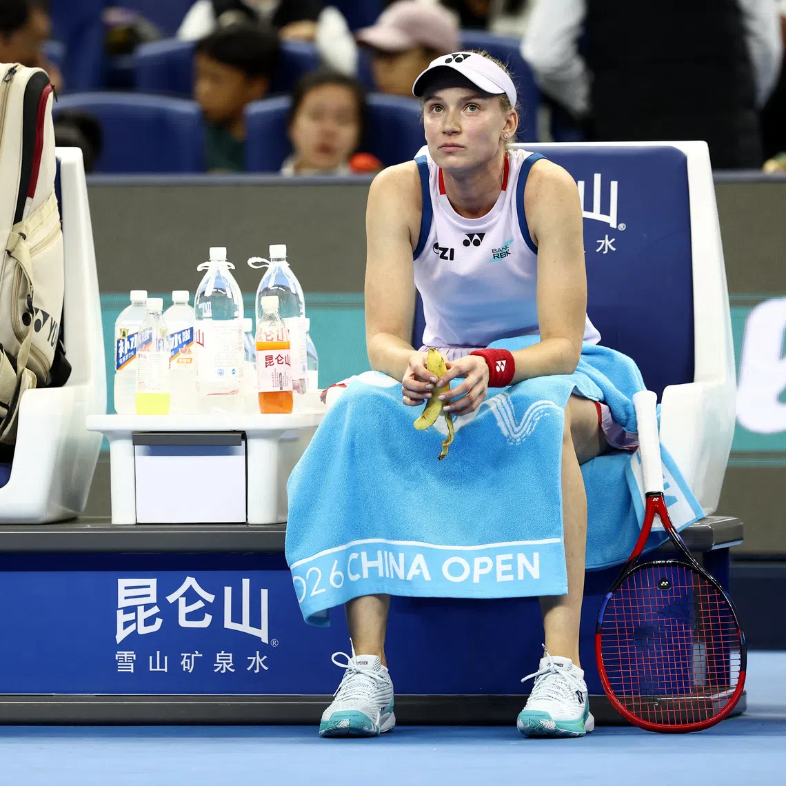 Kazakhstan’s Elena Rybakina during her round of 64 match against Russia’s Alena Charaeva on Oct 3 in Beijing.