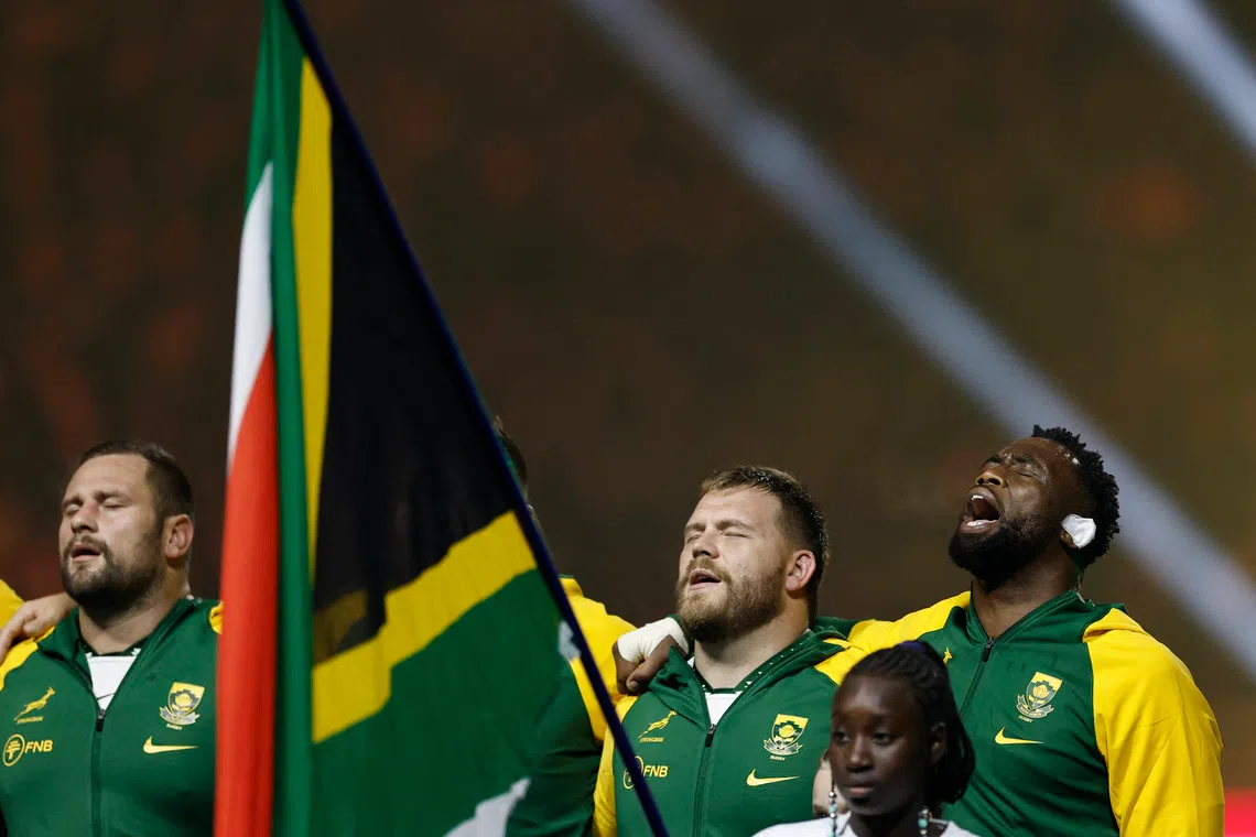 Rugby Union - Autumn Internationals - France v South Africa - Stade de France, Saint-Denis, France - November 8, 2025 South Africa's Siya Kolisi and Boan Venter during the national anthems before the match REUTERS/Benoit Tessier