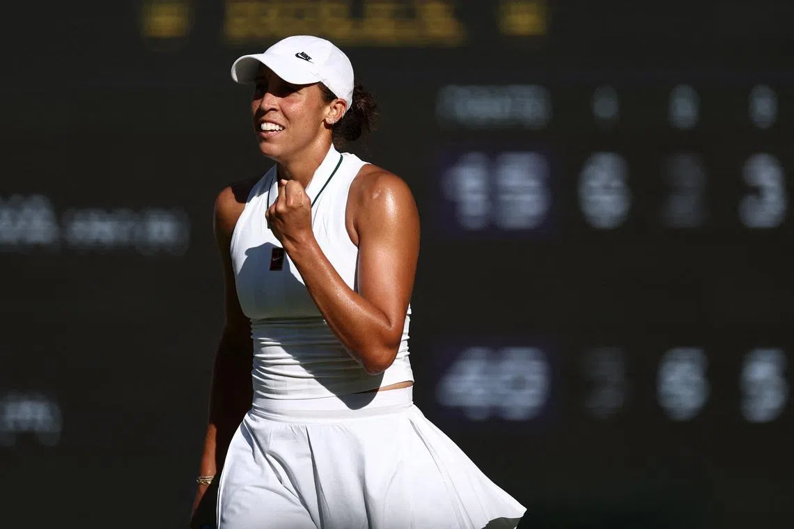 Tennis - Wimbledon - All England Lawn Tennis and Croquet Club, London, Britain - July 4, 2026 Madison Keys of the U.S. celebrates after winning her third round match against Amanda Anisimova of the U.S. REUTERS/Toby Melville