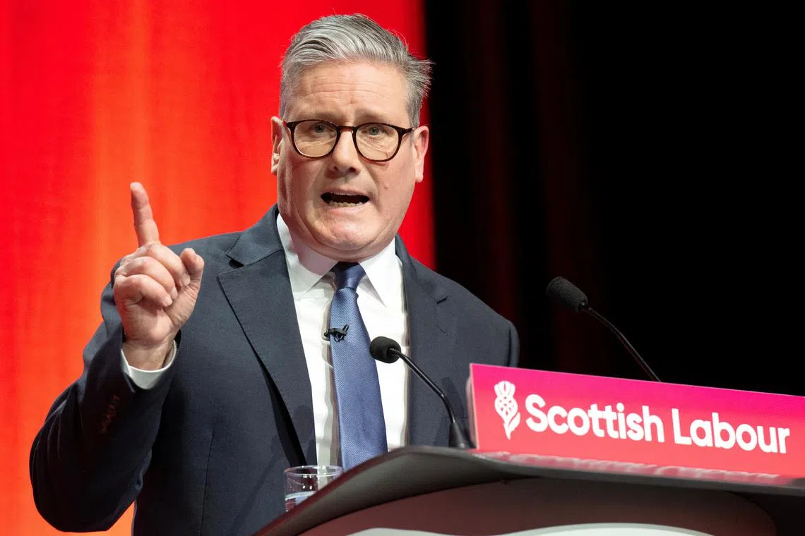 British Prime Minister Keir Starmer delivers his keynote speech at the Scottish Labour Party annual conference at the SEC (Scottish Event Campus), in Glasgow, Scotland, Britain, February 23, 2025. REUTERS/Lesley Martin
