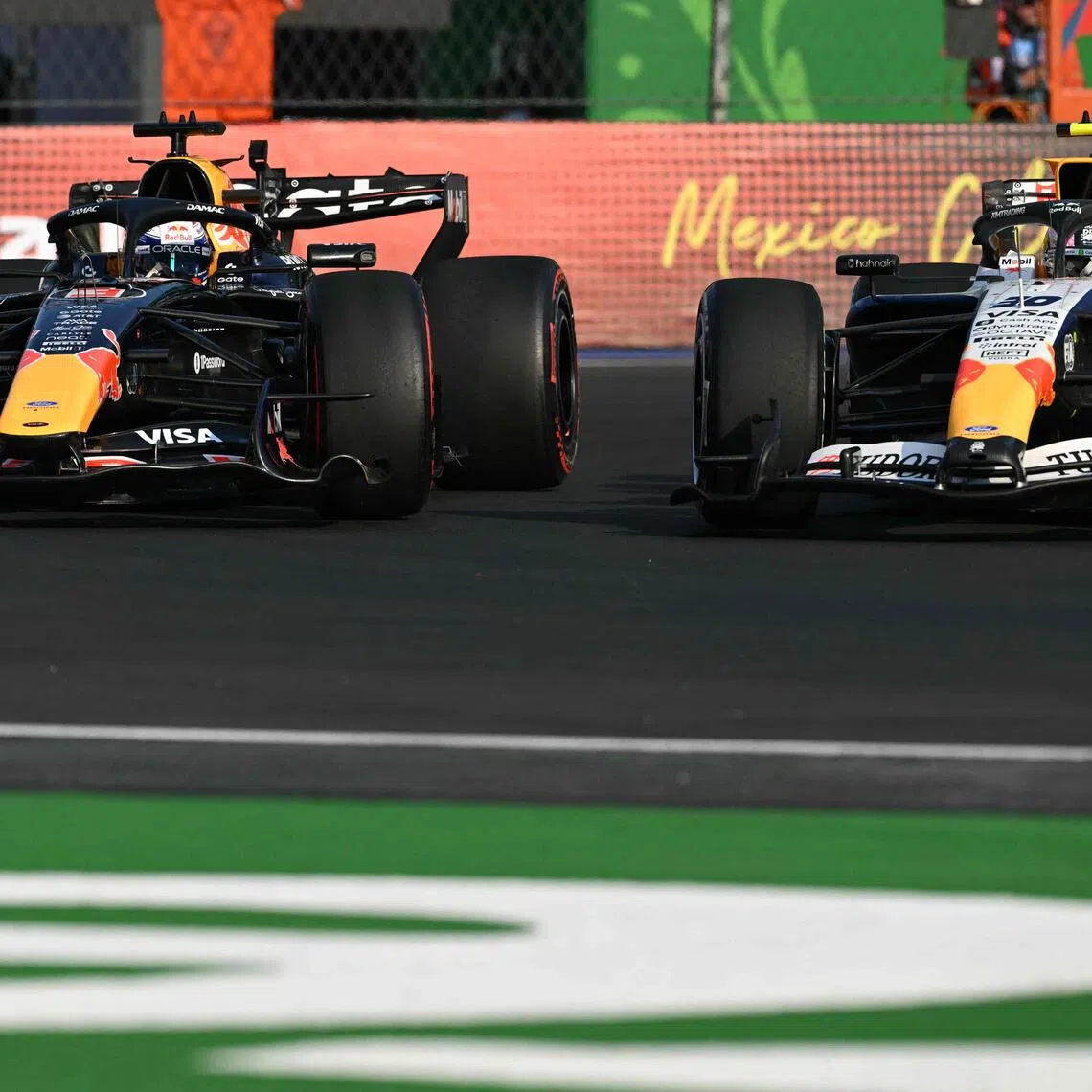 Red Bull’s Max Verstappen (left) and Racing Bulls’ Liam Lawson racing during the second practice session of the Mexico City Formula 1 Grand Prix on Oct 30.