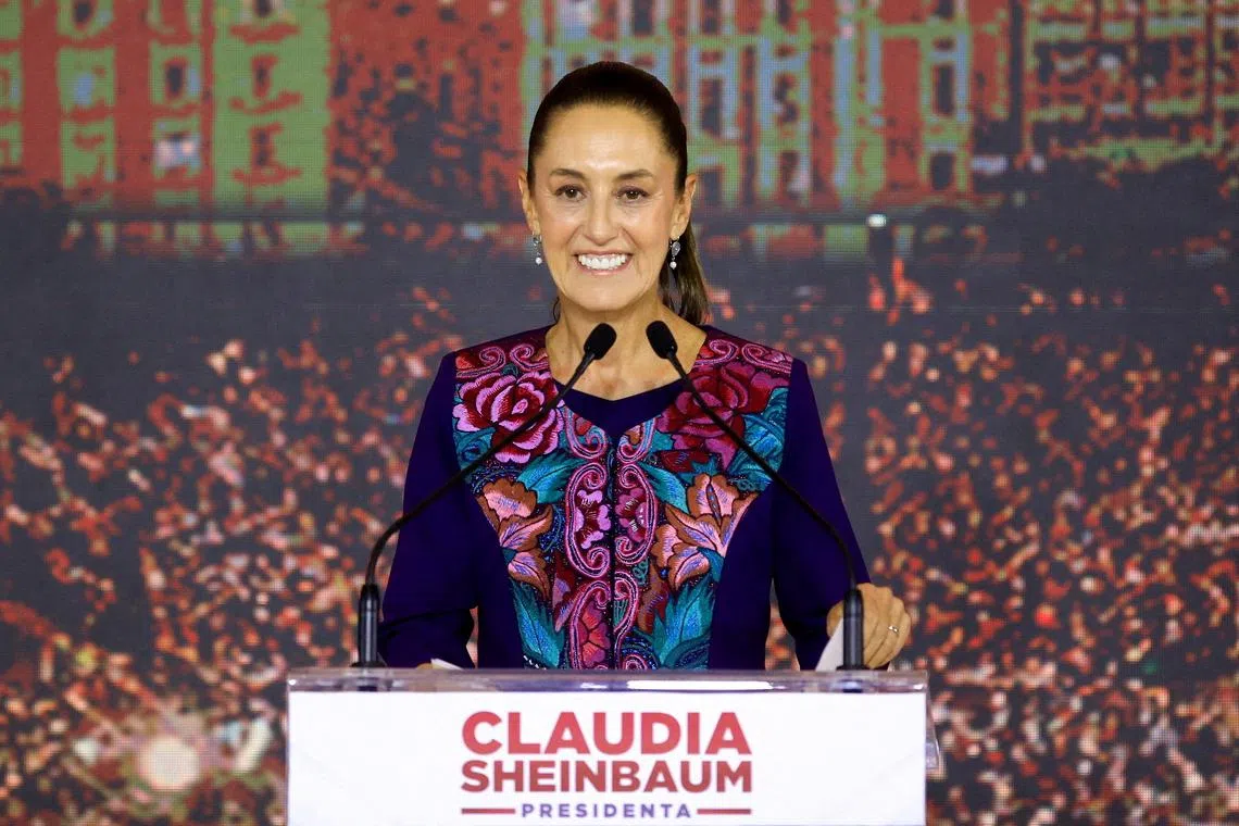 FILE PHOTO: Claudia Sheinbaum, presidential candidate of the ruling MORENA party, addresses her supporters after winning the election, in Mexico City, Mexico June 3, 2024. REUTERS/Raquel Cunha/File Photo
