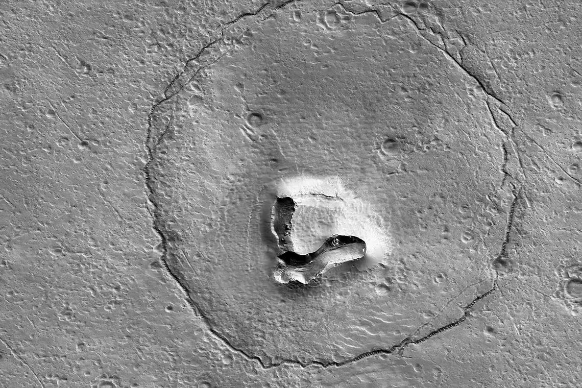 This handout image from NASA taken by the HIRISE camera aboard the Mars Reconnaissance Orbiter and released on January 25, 2023 by the University of Arizona shows a formation on Mars that resembles a bear. (Photo by Handout / NASA/JPL-Caltech/UArizona / AFP) / RESTRICTED TO EDITORIAL USE - MANDATORY CREDIT "AFP PHOTO / NASA/JPL-Caltech/UArizona " - NO MARKETING - NO ADVERTISING CAMPAIGNS - DISTRIBUTED AS A SERVICE TO CLIENTS