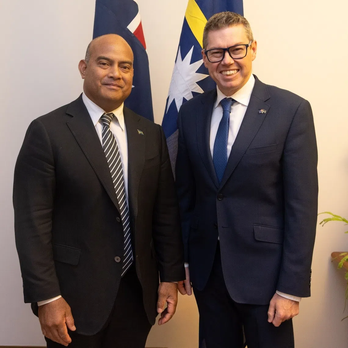 Nauru president David Adeang (left) met with Australia's Minister for Pacific Island Affairs Pat Conroy on Nov 10, 2025.