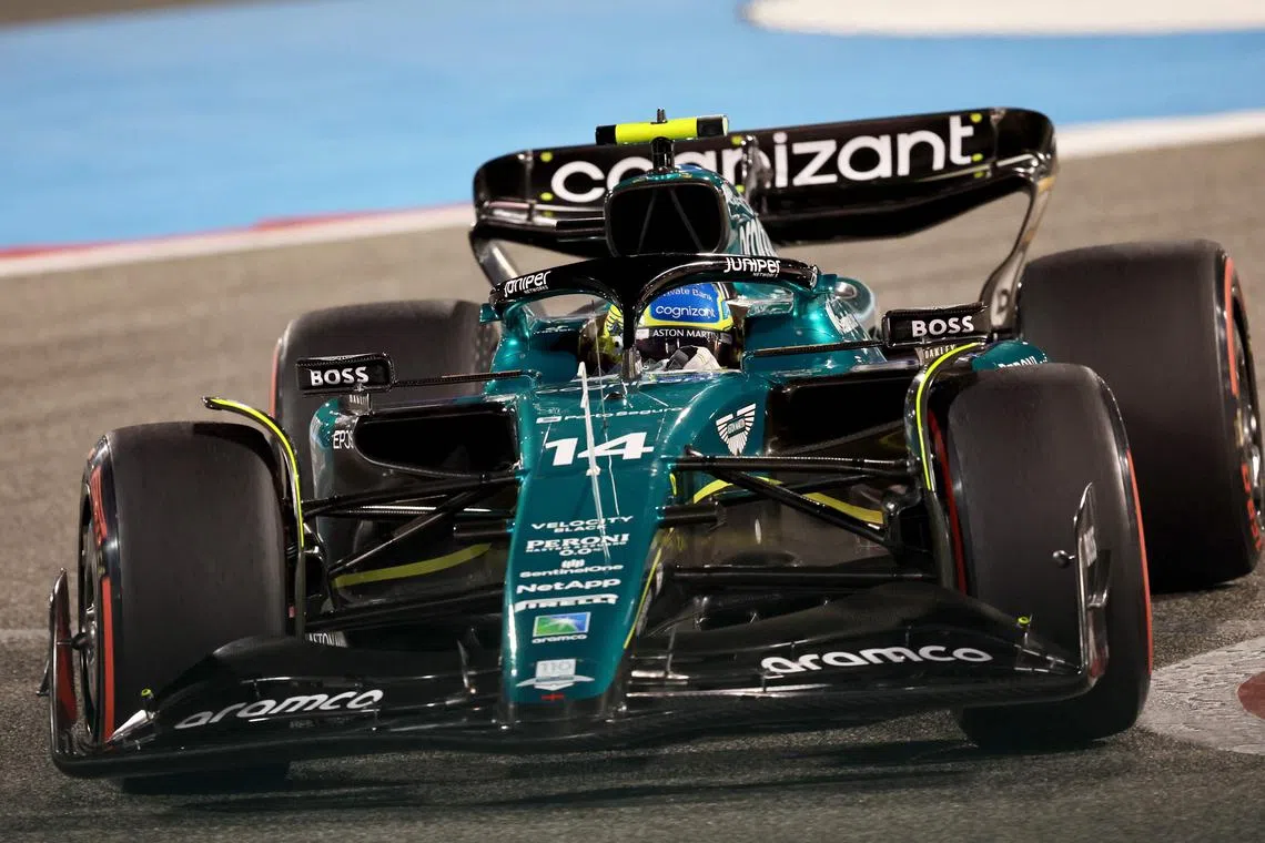 Aston Martin's Fernando Alonso drives during the second practice session, ahead of the Bahrain grand prix.
