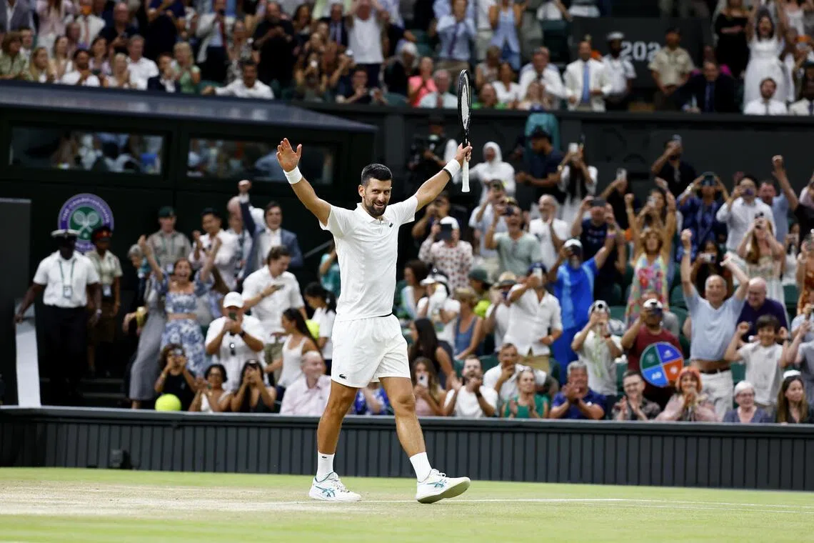epa13096638 Novak Djokovic of Serbia celebrates after winning his Men's Singles quarter final match against Felix Auger Aliassime of Canada at the Wimbledon Championships in London, Britain, 07 July 2026.  EPA/TOLGA AKMEN