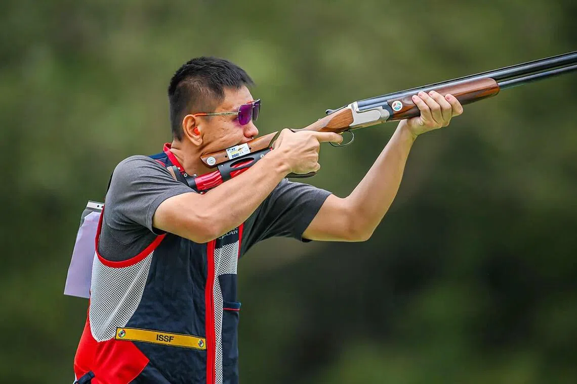 Singapore's Low Jiang Hao firing his way to a gold in skeet shooting at the 2025 SEA Games in Thailand.