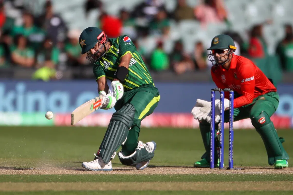 Babar Azam of Pakistan in action during the Twenty20 World Cup 2022 Super 12 cricket match between Pakistan and Bangladesh at the Adelaide Oval on Sunday. Azam’s form remains a worry ahead of Wednesday's semi-final against New Zealand, with the opener managing just 39 runs in five matches.