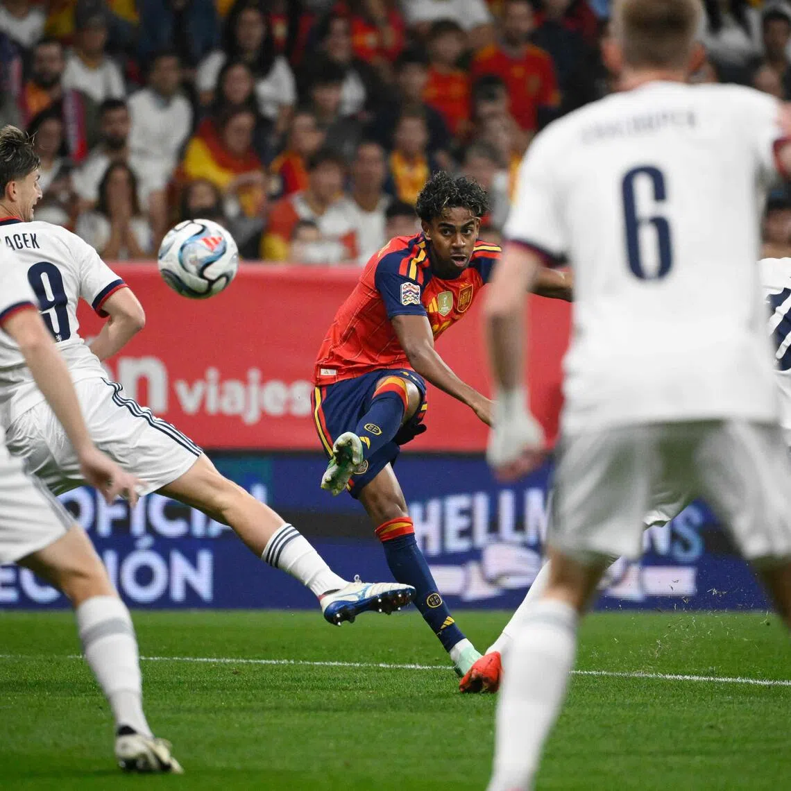 Lamine Yamal scoring the opening goal for Spain against the Czech Republic on Oct 3. The world champions moved three points clear of England at the top of Group A3.