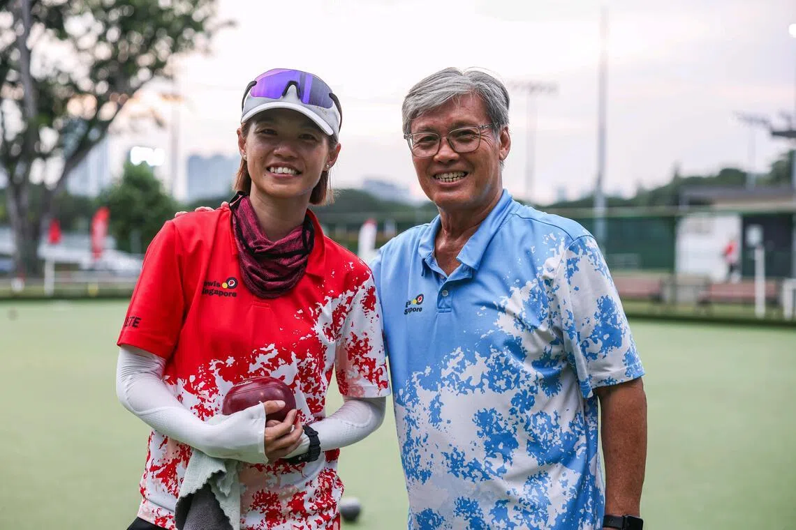 (From left) Profile of Singapore lawn bowler Serena Tiong, 38, with her coach Bernard Foo at Kallang Lawn Bowl on July 9, 2026. ST PHOTO: BRIAN TEO