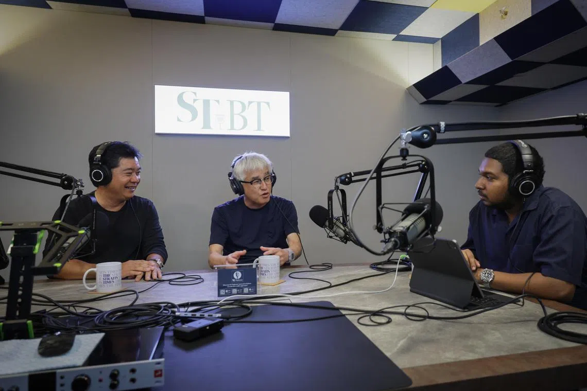 ST20240226_202457299214 : Gin Tay/ dgpod26/ Deepanraja Ganesan/
(L-R): FAS president Bernard Tan, national coach Tsutomu Ogura, and The Straits Times journalist, Deepanraja Ganesan in a podcast session on Feb 26, 2024.