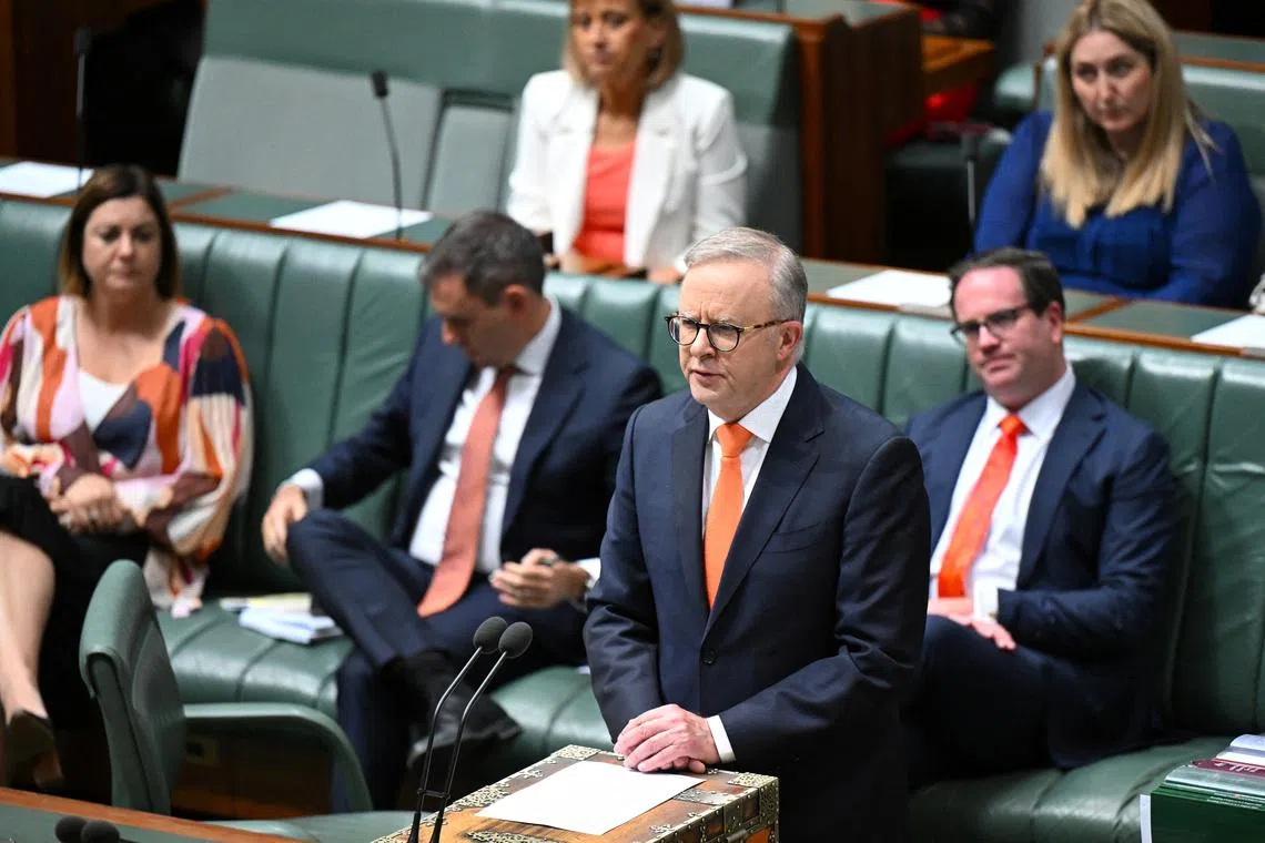 Australian Prime Minister Anthony Albanese speaks on the Online Safety Amendment Bill in the House of Representatives at Parliament House in Canberra, Australia, Monday, November 25, 2024. AAP Image/Lukas Coch via REUTERS