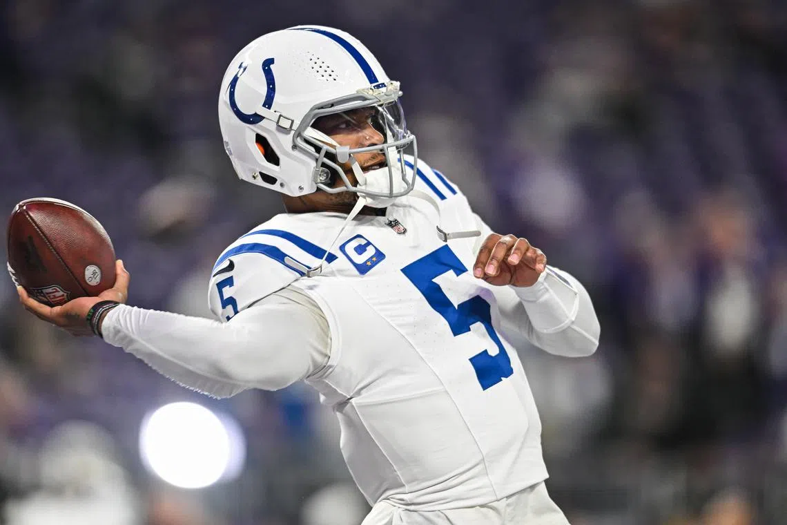 FILE PHOTO: Nov 3, 2024; Minneapolis, Minnesota, USA; Indianapolis Colts quarterback Anthony Richardson (5) warms up before the game against the Minnesota Vikings at U.S. Bank Stadium. Jeffrey Becker-Imagn Images/File Photo