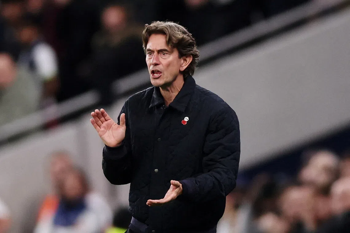 FILE PHOTO: Soccer Football - UEFA Champions League - Tottenham Hotspur v FC Copenhagen - Tottenham Hotspur Stadium, London, Britain - November 4, 2025 Tottenham Hotspur manager Thomas Frank reacts REUTERS/David Klein/File Photo