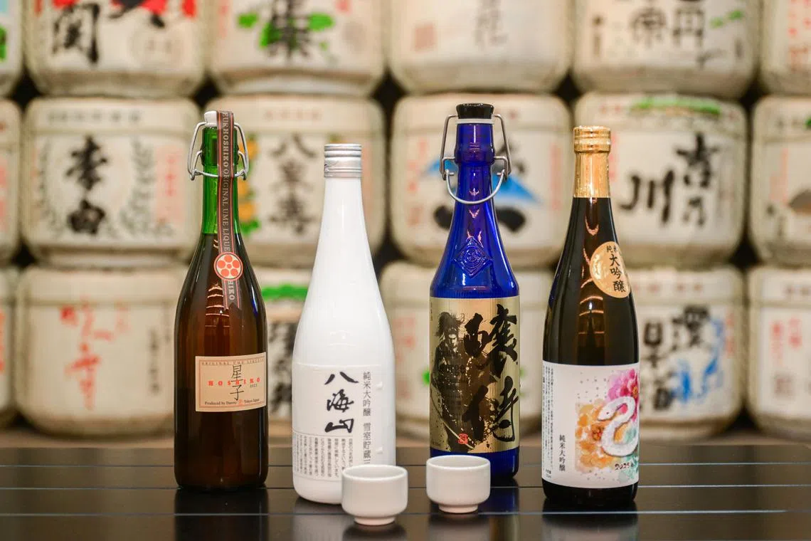 ST20241125_202403600428 hysake Azmi Athni/Tan Hsueh Yun//

// (From left) Hoshiko Ume liqueur, Hakkaisan Yuki-Muro Chozo Junmai Daiginjyo, Okunomatsu George sparkling Junmai Daiginjyo sake, and the Takano Shuzo Junmai Daiginjo from Makoto-Ya/Sake Inn.

ST PHOTO: AZMI ATHNI