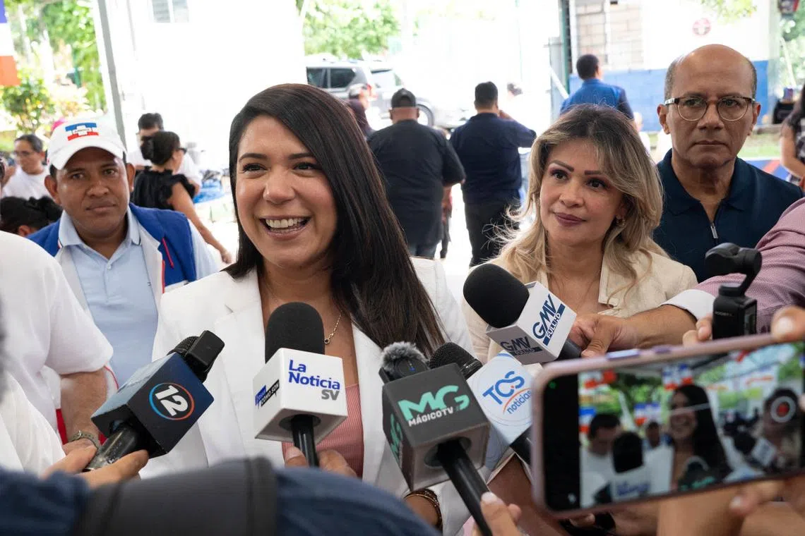 Former lawmaker Maytee Iraheta speaks to reporters before announcing her candidacy for El Salvador's Nationalist Republican Alliance (ARENA) party to challenge President Nayib Bukele in the next presidential election, in San Salvador, El Salvador, July 26, 2026. Nationalist Republican Alliance (ARENA)/Handout via REUTERS