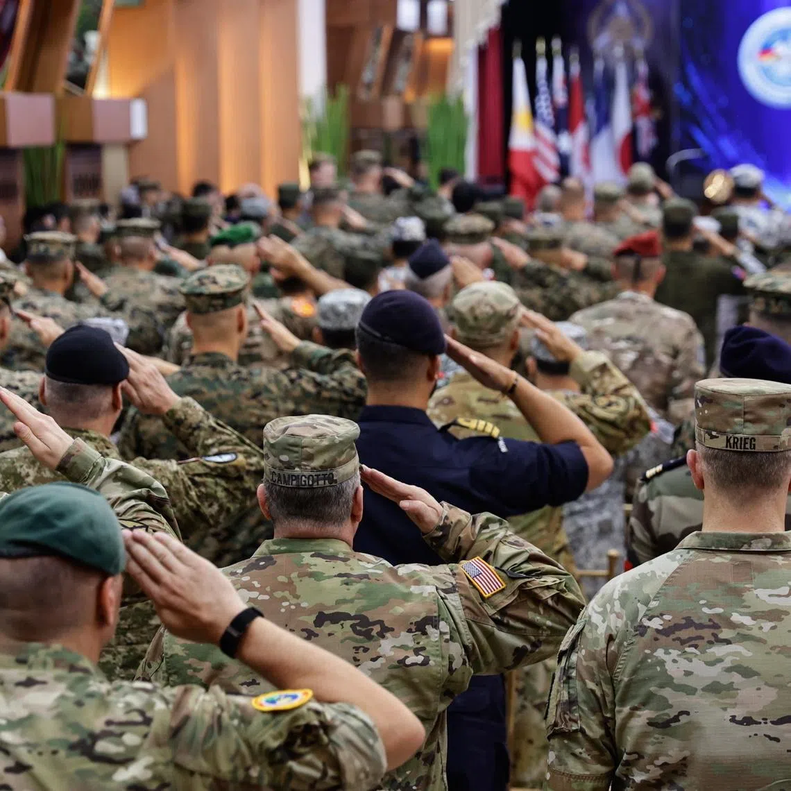 Military officers at the opening ceremonies of the Balikatan exercise in Quezon City, Metro Manila, on April 20. China's drills come as troops begin the annual military exercise.