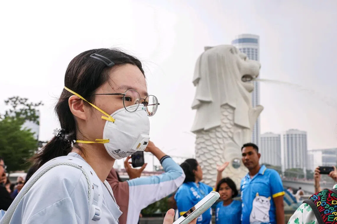 Haze conditions seen at the Merlion Park at 1.40pm on Oct 24.