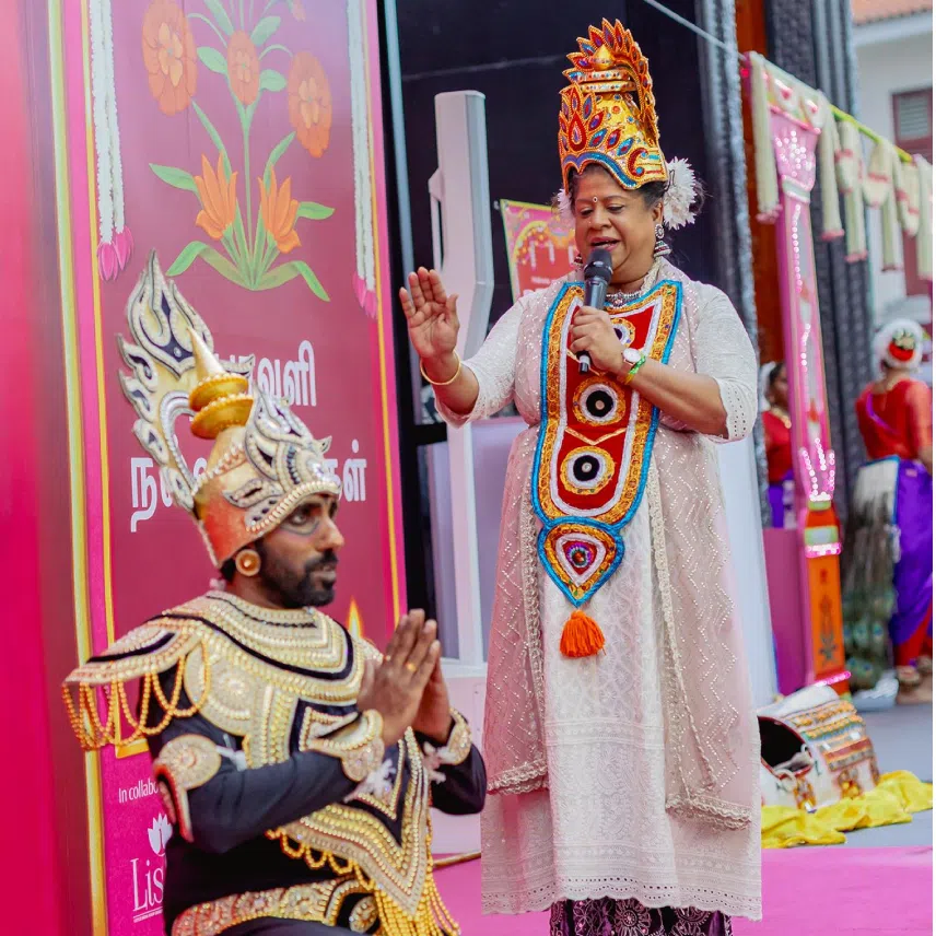 (From left) Shoppers at the 2025 edition of the Indian Inks Deepavali Pop-up at Lyf @ Farrer Park, performers on Campbell Lane during the Indian Heritage Centre’s Deepavali Open House.