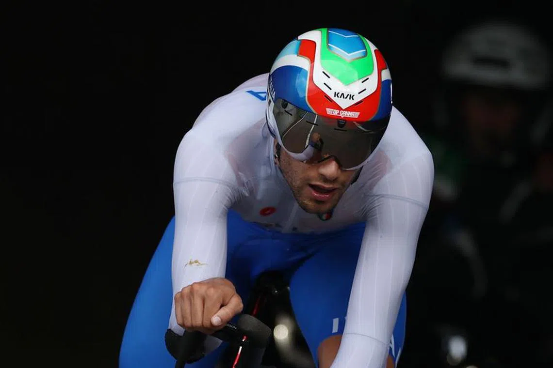 FILE PHOTO: Tokyo 2020 Olympics - Cycling - Road - Men's Individual Time Trial - Final - Fuji International Speedway - Shizuoka, Japan - July 28, 2021. Filippo Ganna of Italy in action. REUTERS/Christian Hartmann/File Photo