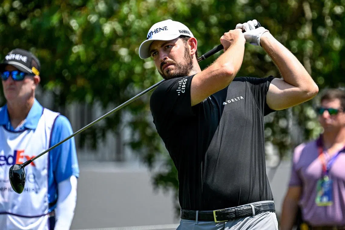Patrick Cantlay plays his shot from the 17th tee during the second round of the FedEx St. Jude Championship.