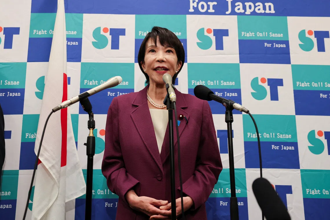 Sanae Takaichi, a veteran Japanese lawmaker and fiscal dove, speaks to reporters about her running in the ruling Liberal Democratic Party leadership race in Tokyo, Japan, September 18, 2025. REUTERS/Kim Kyung-Hoon