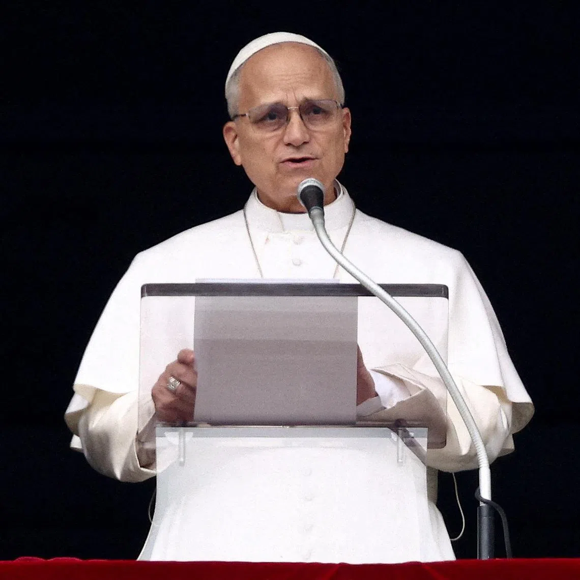 FILE PHOTO: Pope Leo XIV leads the Angelus prayer from the window of the Apostolic Palace at the Vatican, March 1, 2026. REUTERS/Guglielmo Mangiapane/File Photo