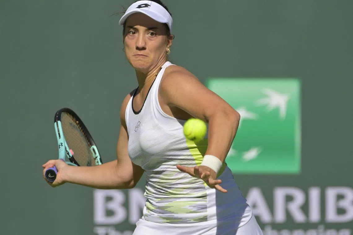 FILE PHOTO: Mar 9, 2023; Indian Wells, CA, USA;  Danka Kovinic (MNE) hits a shot in her first round match against Emma Raducanu (not pictured) on day 4 of the BNP Paribas Open at the Indian Wells Tennis Garden. Mandatory Credit: Jayne Kamin-Oncea-USA TODAY Sports