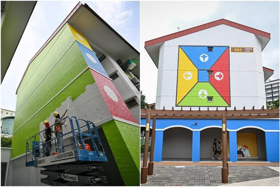Workers repainting the wall of Block 479 Tampines Street 44 (left) on July 5. It is one of 13 blocks painted in June with nostalgia-themed motifs.