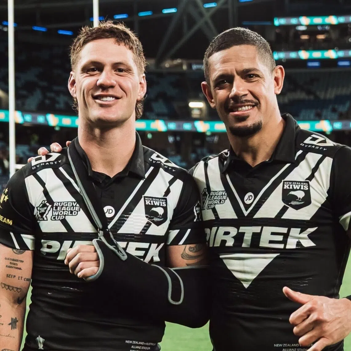 Ponga (left) played on for 20 minutes after the injury before leaving the field in the 70th minute.
