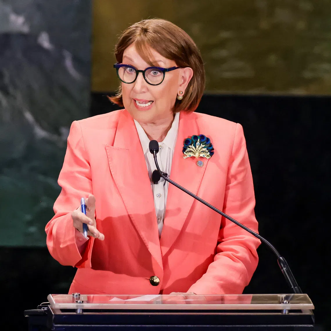 Candidate for the position of United Nations secretary-general, Rebeca Grynspan Mayufis, speaks during the \"UN Town Hall: The Next Secretary-General\" event at United Nations headquarters in New York City, U.S., July 23, 2026. REUTERS/Eduardo Munoz