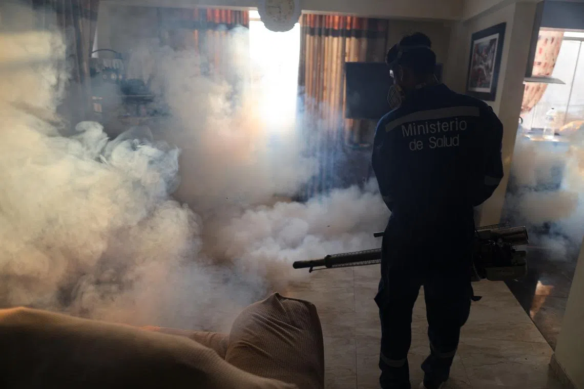A Ministry of Health worker sprays insecticide to prevent dengue in a house in Lima, Peru, March 7, 2024. REUTERS/Sebastian Castaneda