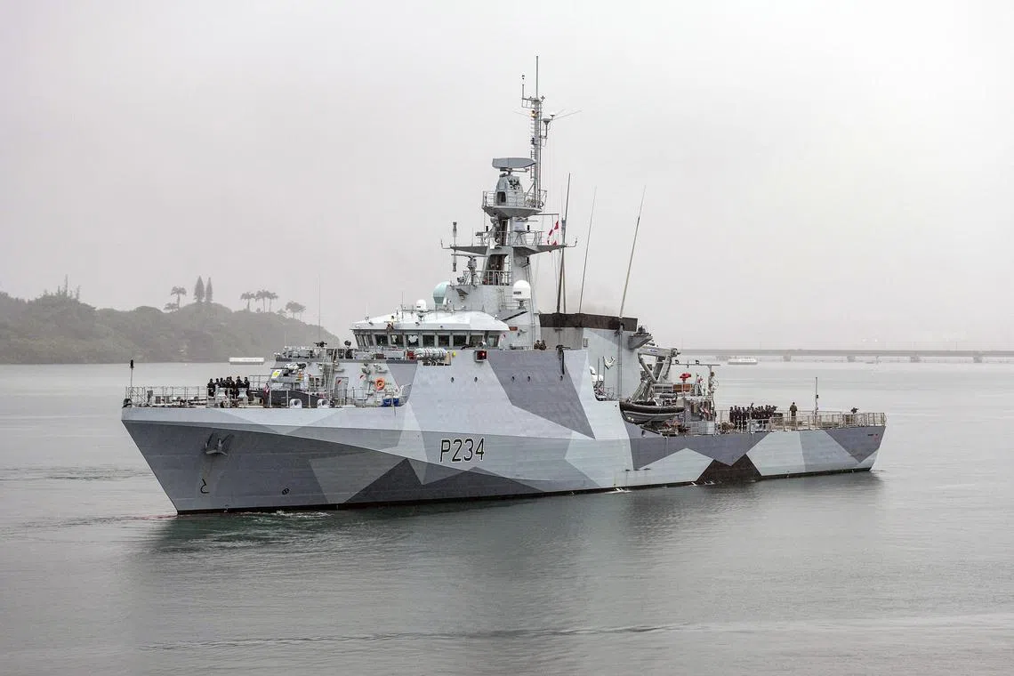 Britain's Royal Navy said the patrol vessel HMS Spey conducted a routine navigation through the narrow waterway that was part of a long-planned deployment.

