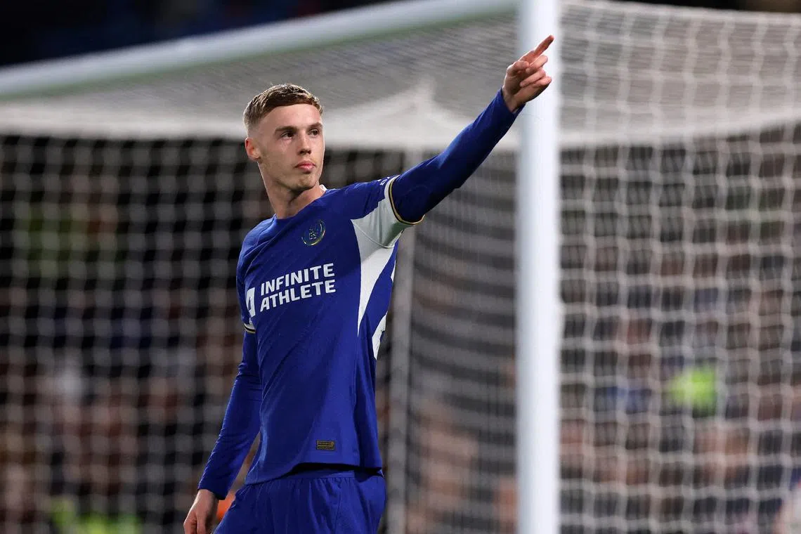 FILE PHOTO: Soccer Football - Premier League - Chelsea v Everton - Stamford Bridge, London, Britain - April 15, 2024  Chelsea's Cole Palmer celebrates scoring their fifth goal Action Images via Reuters/Andrew Couldridge/File Photo