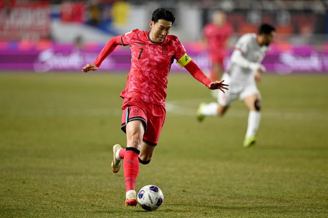 South Korea's Son Heung-min controls the ball against Jordan during a World Cup qualifier.