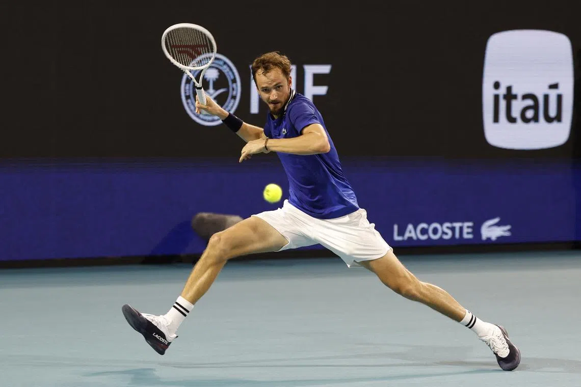 FILE PHOTO: Mar 24, 2024; Miami Gardens, FL, USA; Daniil Medvedev hits a forehand against Cameron Norrie (GBR) (not pictured) on day seven of the Miami Open at Hard Rock Stadium. Mandatory Credit: Geoff Burke-USA TODAY Sports/File Photo