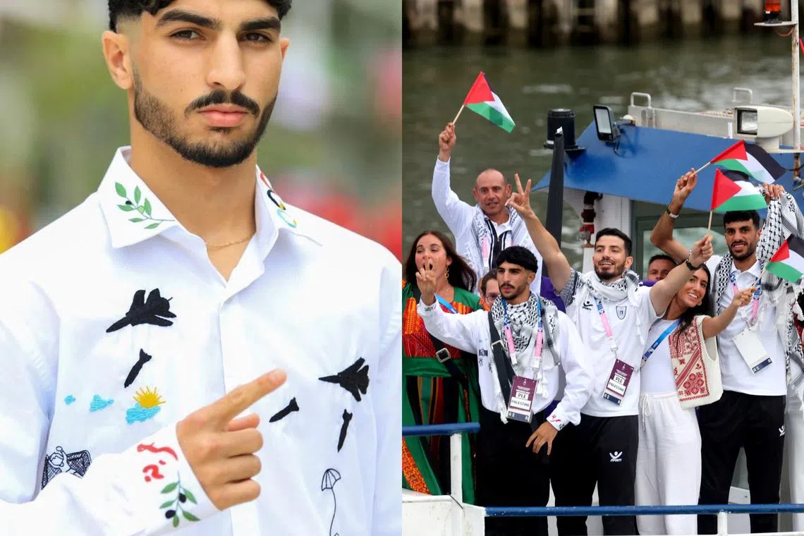 Boxer Waseem Abu Sal was one of two flag-bearers for the Palestinian delegation during the rain-soaked river parade along the Seine on July 26.