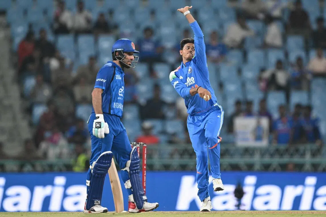 India's Yashasvi Jaiswal bowls in the second one-day international against Afghanistan at the Ekana Cricket Stadium in Lucknow on June 17, 2026.