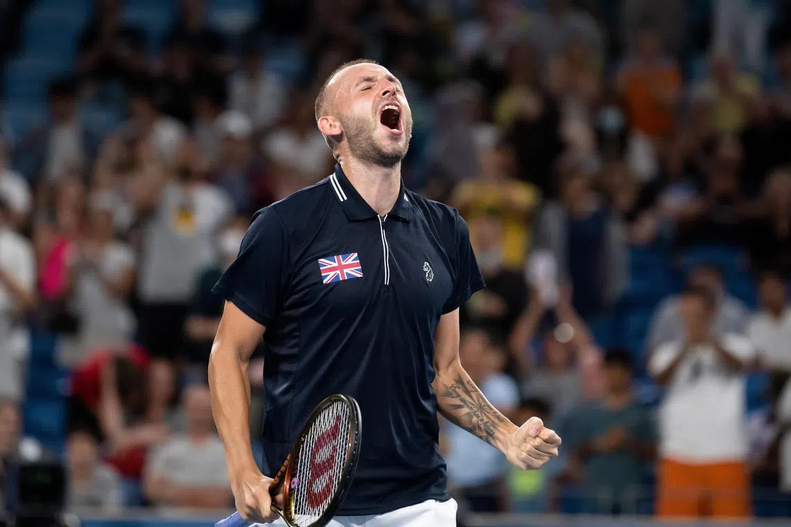 Dan Evans of Britain celebrating winning his match against Albert Ramos-Vinolas of Spain during the 2023 United Cup tennis match between Spain and Britain at Ken Rosewall Arena in Sydney on Monday.