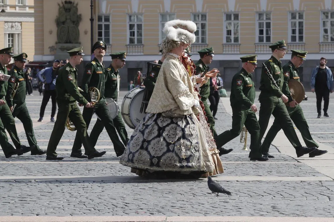 Russian street actors and military orchestra before the rehearsing for a military parade at the Dvortsovaya (Palace) Square in St. Petersburg, Russia on 25 April 2023. Russia will hold a Victory Day military parade on 09 May 2023 to mark the 78th anniversary of the capitulation of Nazi Germany in 1945. 