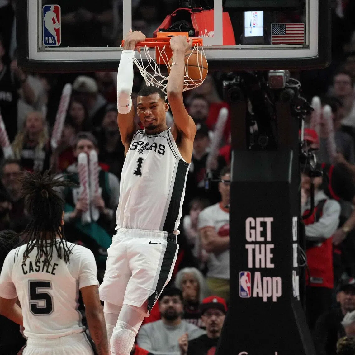 Victor Wembanyama of the San Antonio Spurs dunking the ball during the 114-93 NBA Western Conference first-round, play-off win over Portland Trail Blazers at Moda Center on April 26, 2026. The Spurs lead the series 3-1.