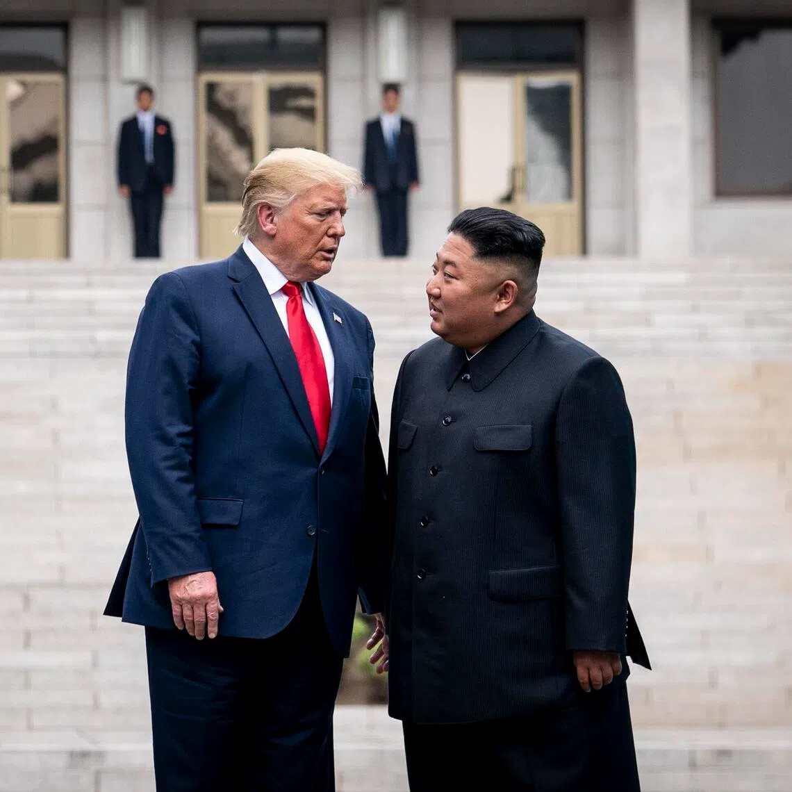 FILE — President Donald Trump with Kim Jong-un, North Korea’s leader, on the North Korean side of the Demilitarized Zone between North and South Korea, at Panmunjom, June 30, 2019. North Korea’s leader, in remarks reported by state media on Monday, Sept. 22, 2025, said he had “good memories” of President Trump and ​saw no reason not to meet him again — as long as the United States stops insisting on dismantling his country’s nuclear arsenal. (Erin Schaff/The New York Times)