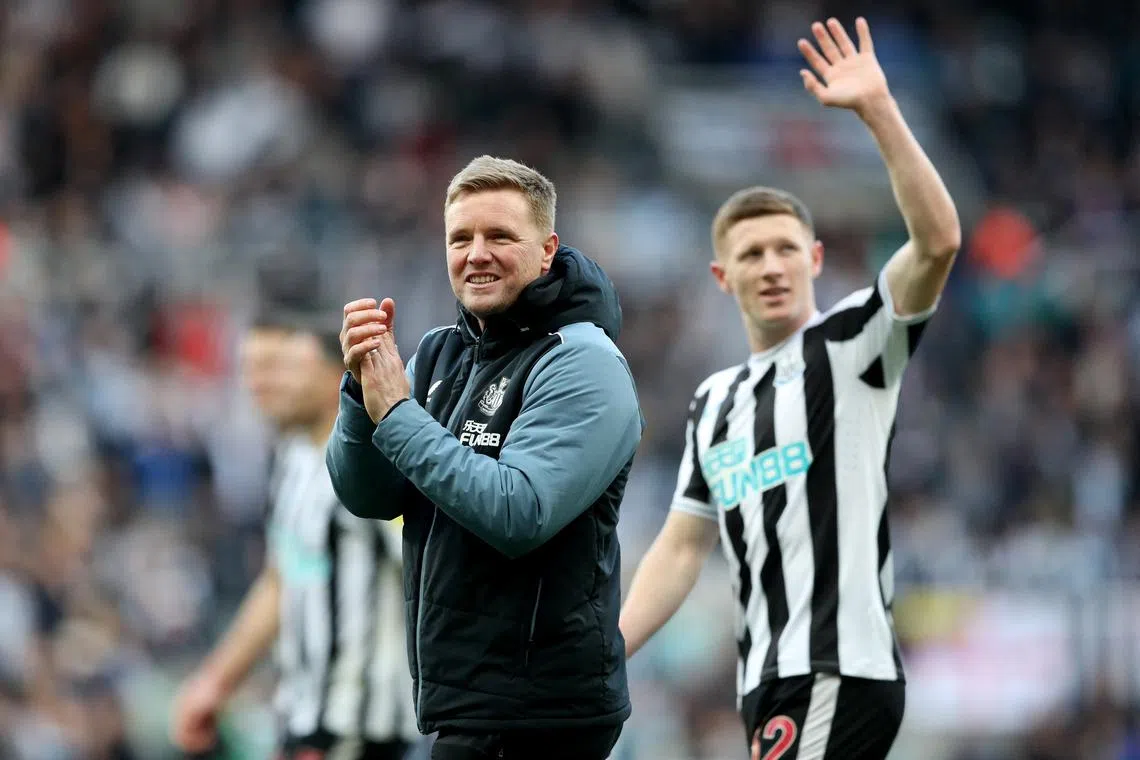 Soccer Football - Premier League - Newcastle United v Manchester United - St James' Park, Newcastle, Britain - April 2, 2023 Newcastle United manager Eddie Howe celebrates after the match REUTERS/Scott Heppell EDITORIAL USE ONLY. No use with unauthorized audio, video, data, fixture lists, club/league logos or 'live' services. Online in-match use limited to 75 images, no video emulation. No use in betting, games or single club /league/player publications. Please contact your account representative for further details.