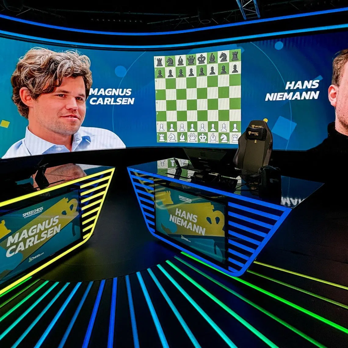 FILE PHOTO: The stage is set ahead of the Speed Chess Championship semi-final between International Chess Federation (FIDE) world number one Magnus Carlsen of Norway and Hans Niemann of the U.S., in Paris, France, September 5, 2024. REUTERS/Julien Pretot