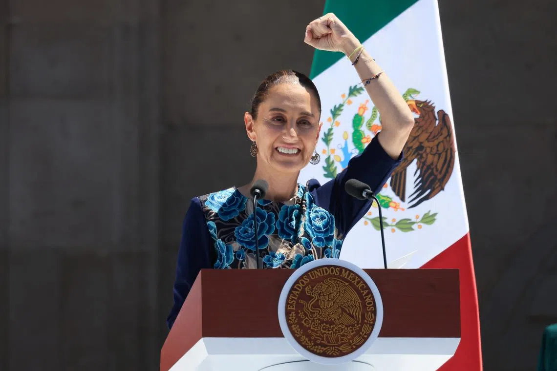 Mexico's President Claudia Sheinbaum gestures during an event to give details on the country's response to U.S. President Donald Trump's 25% tariffs on imports from Mexico, including retaliatory tariffs to U.S., at Zocalo Square in downtown Mexico City, Mexico March 9, 2025. REUTERS/Toya Sarno Jordan