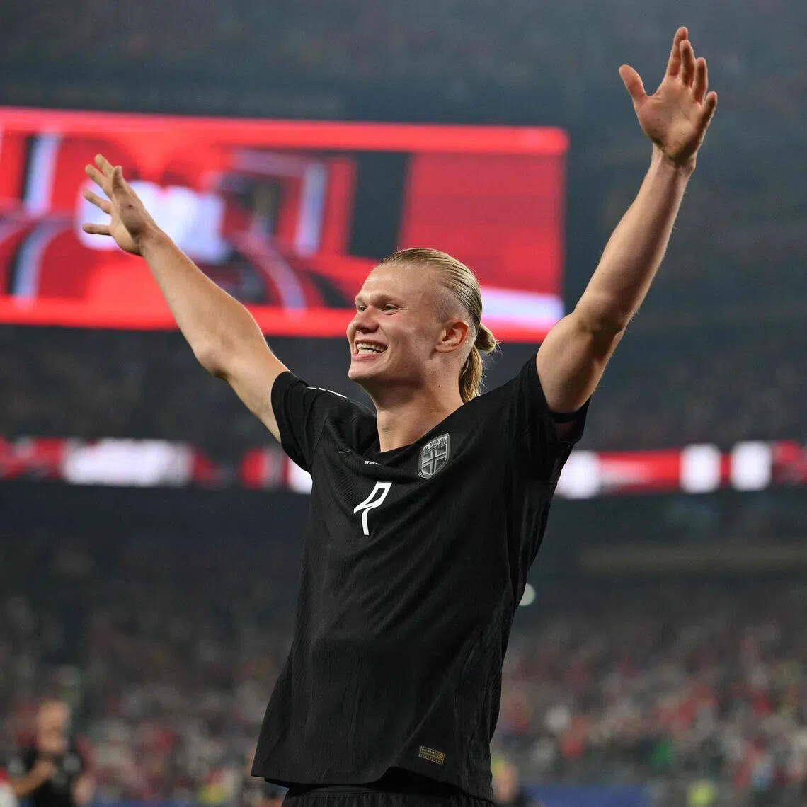 Norway forward Erling Haaland celebrates scoring his team's second goal during the 2026 World Cup Group I football match between Norway and Senegal at the MetLife Stadium in East Rutherford.