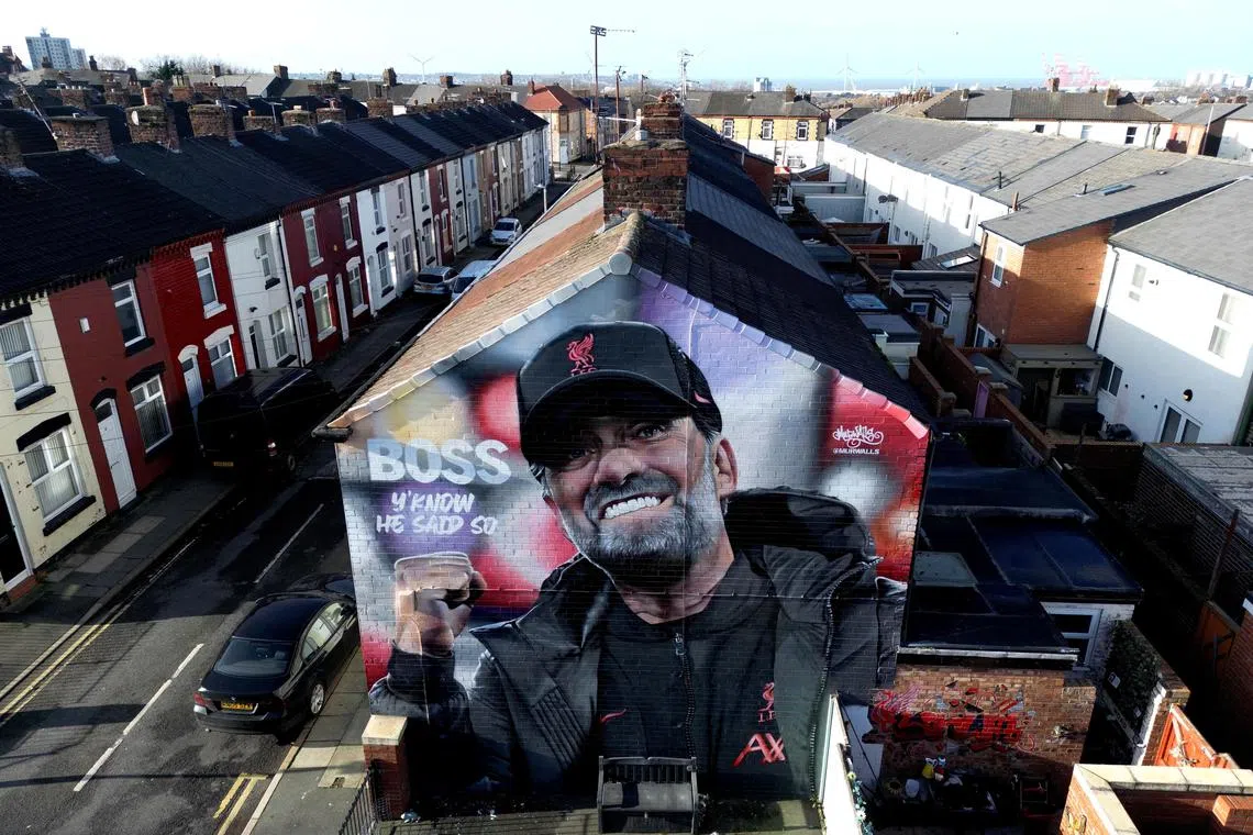Soccer Football - Liverpool manager Juergen Klopp announces he will leave the club at the end of the season, Liverpool, Britain - January 26, 2024
General view of a mural of Liverpool manager Juergen Klopp as announces he will leave the club at the end of the season REUTERS/Carl Recine     TPX IMAGES OF THE DAY     