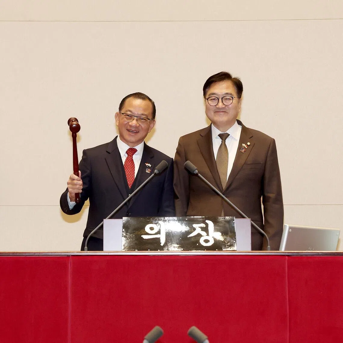 Speaker of Parliament Seah Kian Peng (left) with South Korean National Assembly Speaker Woo Won-shik (right) during Mr Seah's visit to South Korea in February 2025.
