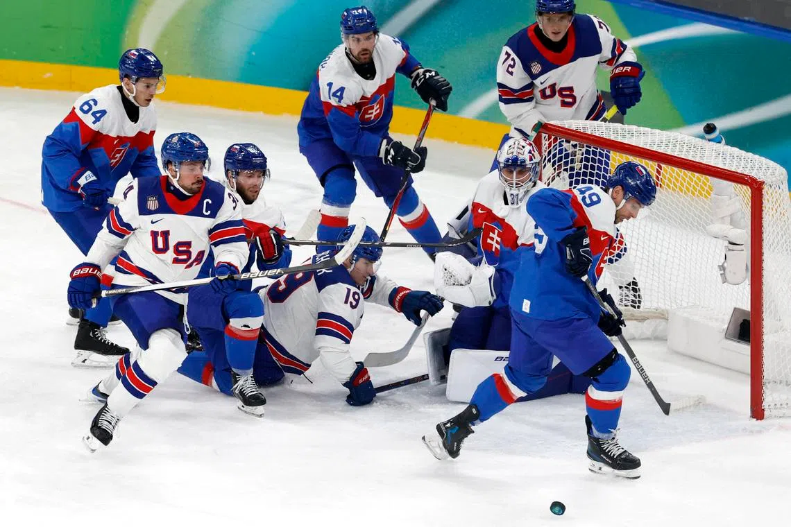 Milano Cortina 2026 Olympics - Ice Hockey - Men's Play-offs Semifinals - United States vs Slovakia - Milano Santagiulia Ice Hockey Arena, Milan, Italy - February 20, 2026. Samuel Takac of Slovakia in action REUTERS/David W Cerny