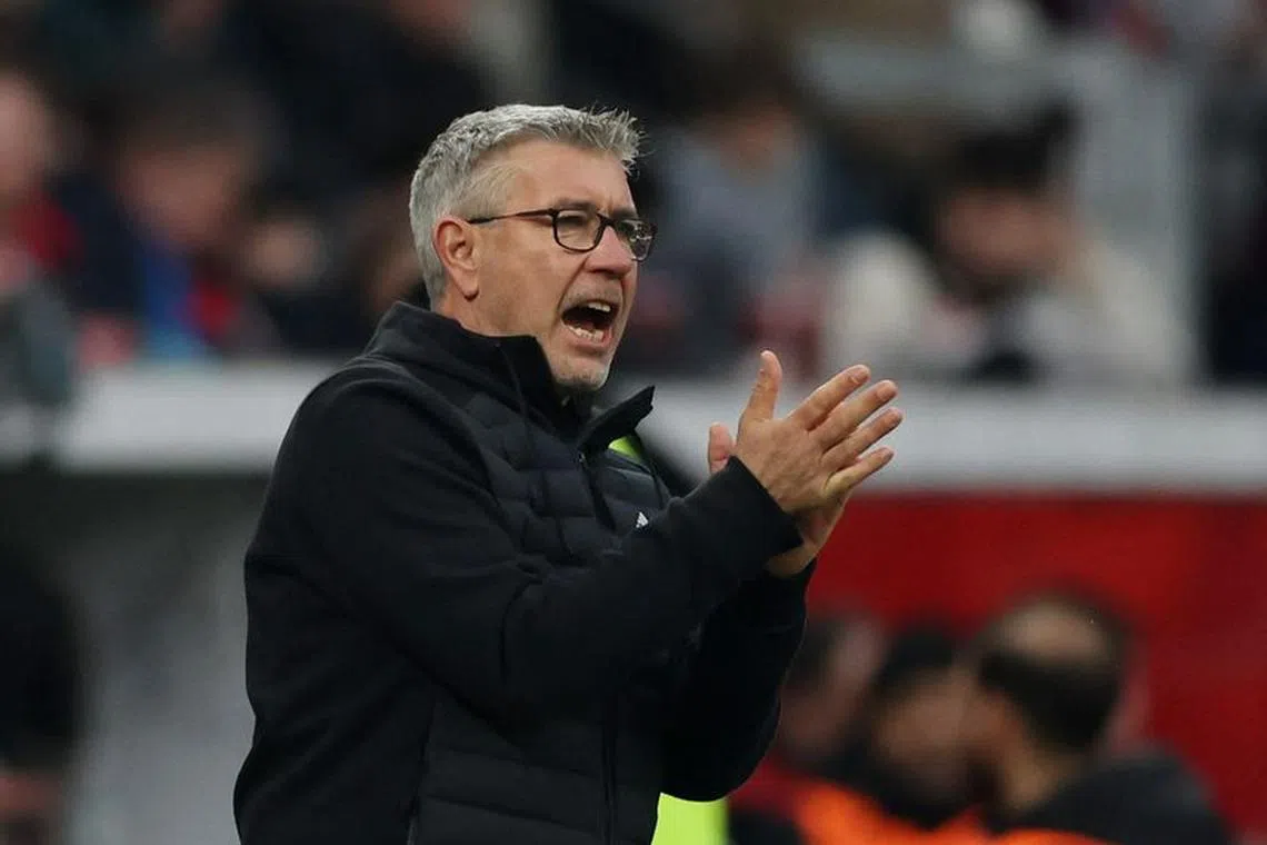 Soccer Football - Bundesliga - Bayer Leverkusen v 1. FC Union Berlin - BayArena, Leverkusen, Germany - November 12, 2023 1. FC Union Berlin coach Urs Fischer reacts REUTERS/Thilo Schmuelgen
